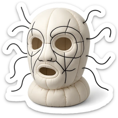 The mask is a full-head, white knitted balaclava with a tight ribbed texture. It features two asymmetrical eye openings and a partially exposed mouth area. Black thread is stitched across the surface in chaotic, abstract lines that trace facial features, giving a hand-drawn effect. Several black cords extend outward from the mask, varying in length and direction, adding a sculptural, almost organic appearance. The overall look is bold, handcrafted, and visually striking. sticker