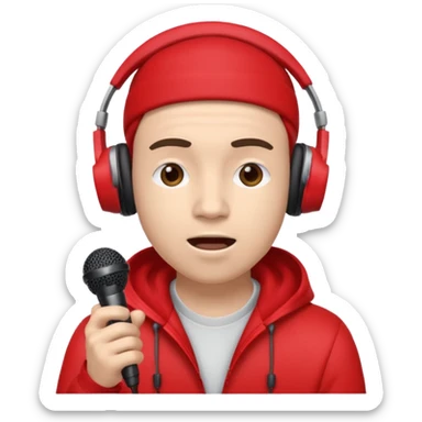 emoji de persona haciendo beatbox con un micrófono y unos audífonos rojos puestos sticker