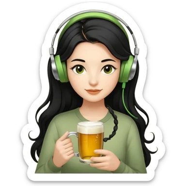 Style: 3D Apple emoji-style, realistic texture 	•	Lighting: Soft, even, Apple-style lighting 	•	Facial detail: Defined cheekbones, slightly winged eyeliner 	•	Hair: Long, black, slightly curled at ends 	•	Accessories: Wired earphones, green tea cup, beer mug 	•	Expression: Calm and slightly smiling  sticker