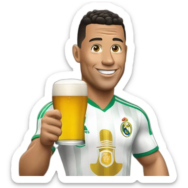 Homère bois une bière avec Ronaldo sticker