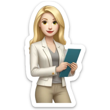 Full height pale skin woman with blonde Straightened Hair to shoulders, White classical jacket, beige Arrow pants and gray blouse holding a color palette in the hands sticker