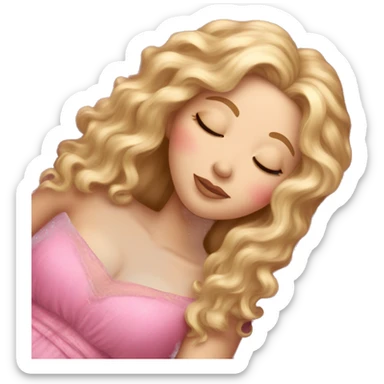 gorgeous white woman with long blonde curly hair sleeping on pink princess bed sticker