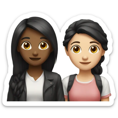 2 girls are standing side by side, one of them has long black hair and an oval face, the other has short black hair and a round face. Both are university students. sticker