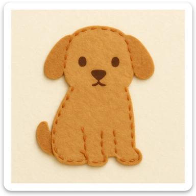 Minimal felt patch of a dog with soft matte felt, muted orange stitched edge, low detail, small round eyes, simple triangle nose, no mouth, warm color palette, flat perspective, off-white background sticker