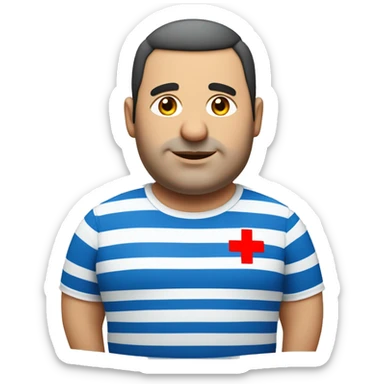 chubby middle-aged Lebanese man, wearing a t-shirt with horizontal blue and white stripes and a red cross on the upper right side of the shirt sticker