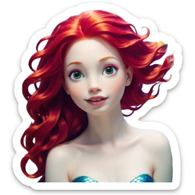Cinematic Realistic Red Hair Mermaid Portrait, head tilted dramatically with an exaggeratedly amused expression, featuring a striking, vibrant form with meticulously detailed, flowing red hair and luminous porcelain skin. Her expressive eyes burst with playful marine mischief, rendered with dynamic underwater lighting and vibrant textures that convey an air of cheeky oceanic whimsy and over‐the‐top mermaid charm. sticker