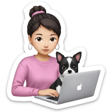 Asian girl with messy bun hair, wearing a white t-shirt, working on an Apple laptop, next to her is a small black and white dog in pink sweater sticker