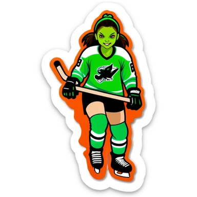 Girl Hockey player neon green gremlin on jersey sticker