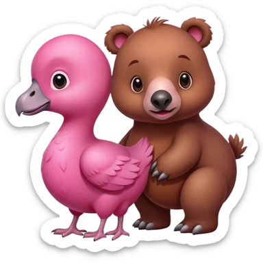 A cute brown bear and a realistic cute pink dodo closely together sticker