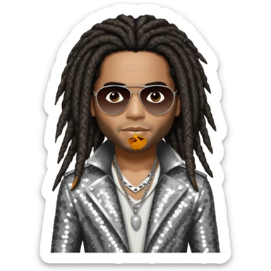 Lenny Kravitz with long dark brown dreadlocks, silver sequin outfit sticker
