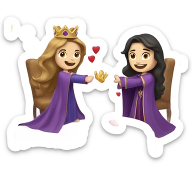 Caucasian long  brunette woman wearing formal royal purple robes and a crown who has thrown hearts to the man she adores  sticker
