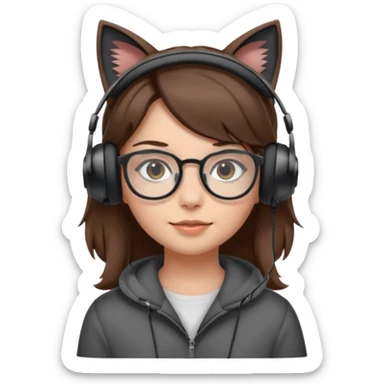 fille brune a lunette avec casque oreille de chat noir et gris sans boucle d'oreille sticker