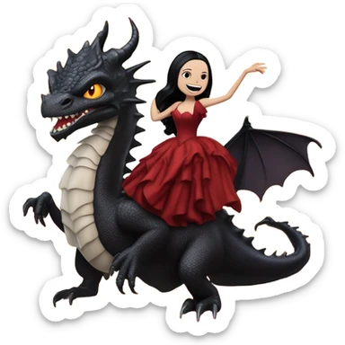 painting Lavish Victorian evening gown, Jenna Ortega as young Morticia Addams Jedi wearing a mini tiara, riding on the back of a very large blood red evil-looking fire-spewing horned dragon sticker