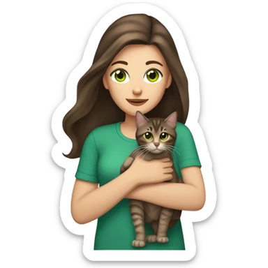 Caucasian woman with long dark brown hair and brown eyes holding a brown tabby cat with green eyes sticker