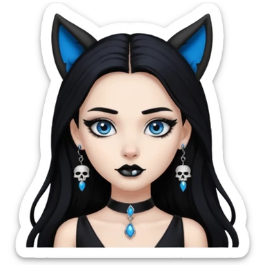 A girl with long black hair and blue eyes, black eyeshadow, black eye liner, mascara, and black lipstick, and black skull earrings. Also a black sexy dress and wolf ears  sticker