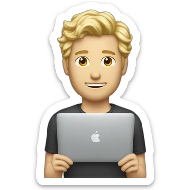blonde male with macbook, slightly curly hair and light facial hair and undercut haircut sticker
