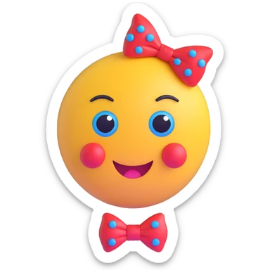 3D smiley emoji, large eyelashes, red polka dot bow, bored, half-closed eyes, blue eyes, musical notes sticker