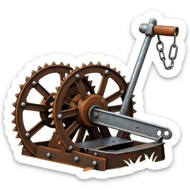 Realistic rusty bear trap open on forest ground, sharp metal jaws, detailed steel texture, natural lighting sticker