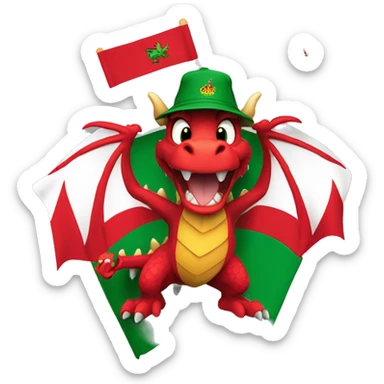 Excited Welsh dragon holding 2 small Welsh flags wearing a Wales FA bucket hat sticker