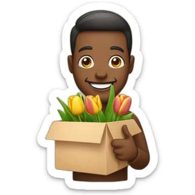 The man holds a box in which lies tulips made of wood and smiles. The man has a beautiful smile sticker