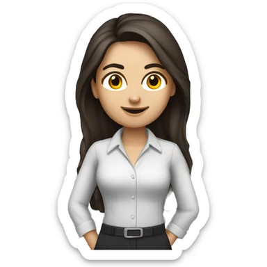accountant-woman, with long dark brown hair and s sticker