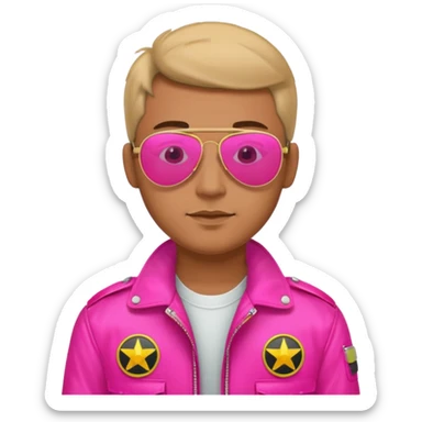 1980s man wearing reflective neon pink aviator sunglasses and a pilot jacket sticker