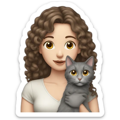 Young brunette pale woman with long curly hair holding a grey cat sticker
