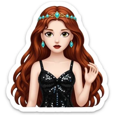Persephone, Goddess of Death from Gods and Goddesses with long dark auburn hair, black sequin outfit sticker