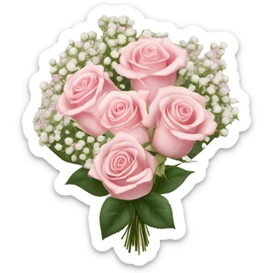 light pink roses and babies breath in a bouquet with a bow around the stems sticker