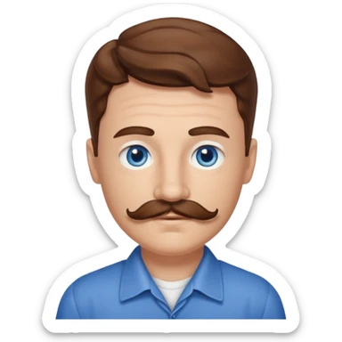 Benson Boone (b.2002) with blue eyes, brown wavy hair and mustache sticker