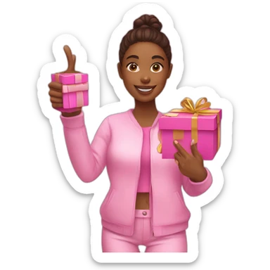 influencer promoting a pink gift box in her arms and thumb up sticker