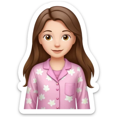 happy white long brunette hair girl with hazel eyes and in light pink pajamas sticker