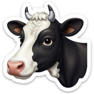 Cinematic Noble Black and White Cow Portrait Emoji, Poised and regal, with a large, sturdy build and a striking, well-groomed coat of pure black accented by crisp white patches, deep-set soulful brown eyes, Simplified yet sharp and sophisticated features, highly detailed, glowing with a soft, dignified glow, high shine, intelligent and calm, stylized with an air of modern elegance, focused and attentive, soft glowing outline, capturing the essence of a watchful and confident bovine guardian, so majestic it feels as though it could stride out of the screen with effortless authority! sticker