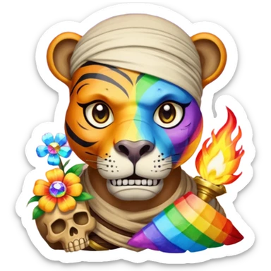 a mummy who is also a pirate make his skull a half flower rainbow diamond part hippo part tiger who is blue and gold whos head is on rainbow fire sticker