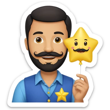 man with black bead and mustache holding star yellow balloon  sticker