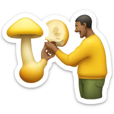 A person eating a yellow mushroom comprised of two circles and a stem sticker