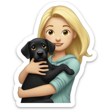 A blonde girl  with smooth hair and a ray in the middle of his hair, she has light skin a few freckles, and she wear a hoodies and she Carries in his arms a black baby labrador dog  sticker