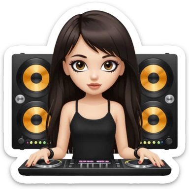 generate a pretty bratz girl in black cami top, dark brown straight long hair with bangs, eyeliner on, djing, fair sticker