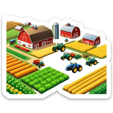 colorful rural landscape, inspired by farming simulators like Farming Simulator 22. The design shows fields, tractors, and barns, with vibrant crops and animals in the background. The peaceful farming scene symbolizes the immersive experience of managing a farm, with a transparent background sticker