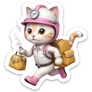 A cute white and pink funny cat in cartoon style dressed as engineer with a white helmet running very fast carrying her cute bag leaving a smoking footsteps sticker