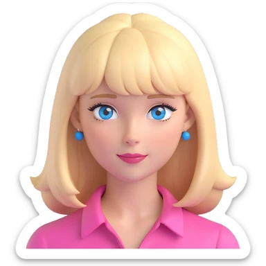 blonde woman with bangs, wearing a pink blouse, blue eyes sticker