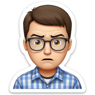 A rigid, tense person looking angry and slightly scared, wearing glasses and a checkered shirt sticker