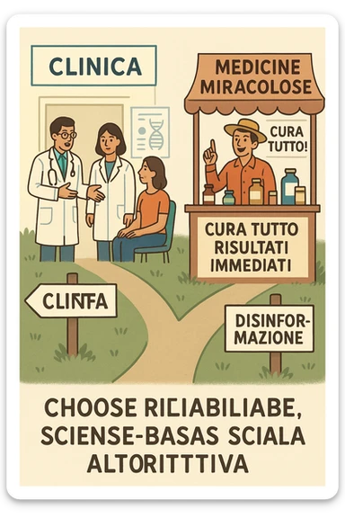 two paths diverge—one leads to a trustworthy clinic with doctors and scientific posters, the other to a shady stand selling “miracle” medicines with exaggerated claims. Signs along the second path warn of scams and misinformation. The scene encourages viewers to choose reliable, science-based healthcare. in italiano sticker