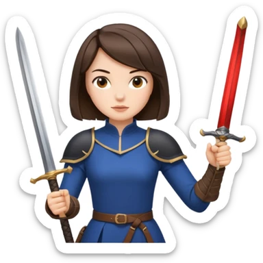 A woman with a brunette French bob wielding a sword sticker