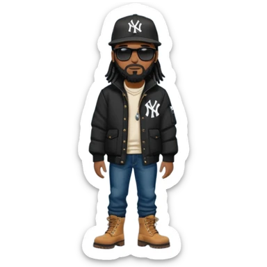 African American man with shoulder length black dreadlocks with black beard wearing black sunglasses wearing a black New York Yankees logo baseball cap wearing a black bubble winter coat wearing denim skinny jeans and timberland boots walking sticker