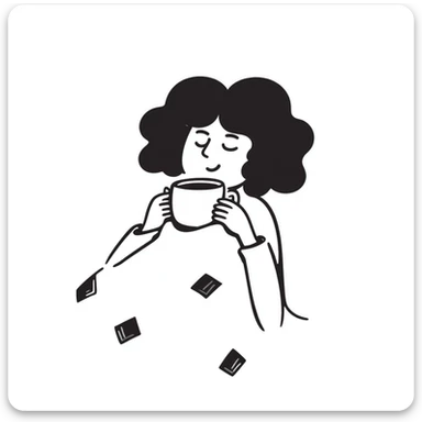 White girl with curly brunette hair snuggled in a blanket sipping coffee with eyes closed, feeling warm and content sticker