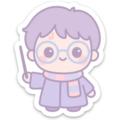 Harry Potter with glasses, lightning scar, and wand in kawaii style sticker