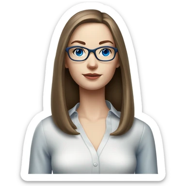 Hyper Realistic pale elegant model, straight shoulder length brown hair, glasses and blue eyes  sticker