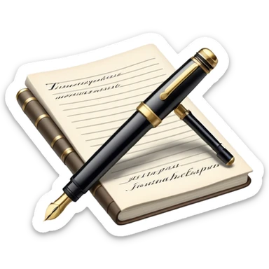Create an emoji representing journalism and publicistic writing. The design should feature an open newspaper or a stack of articles with visible text columns, symbolizing opinion pieces and analysis. A classic fountain pen or ballpoint pen should be placed near the papers, indicating the act of writing. Optionally, include a small microphone or a press badge to emphasize investigative and journalistic aspects. Use neutral and professional colors like black, white, and muted blue or red. Do not include any emojis or smiley faces. Make the background transparent. sticker
