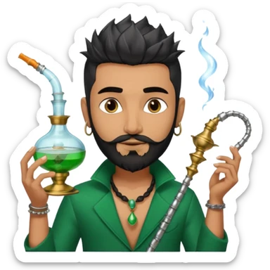 Brass hookah with green design on a glass water base on the top; with two smoke pipes where people are holding them and smoking - one white guy with spikes (silver and black hair) and another Tamil handsome with little beard Indian guy sticker